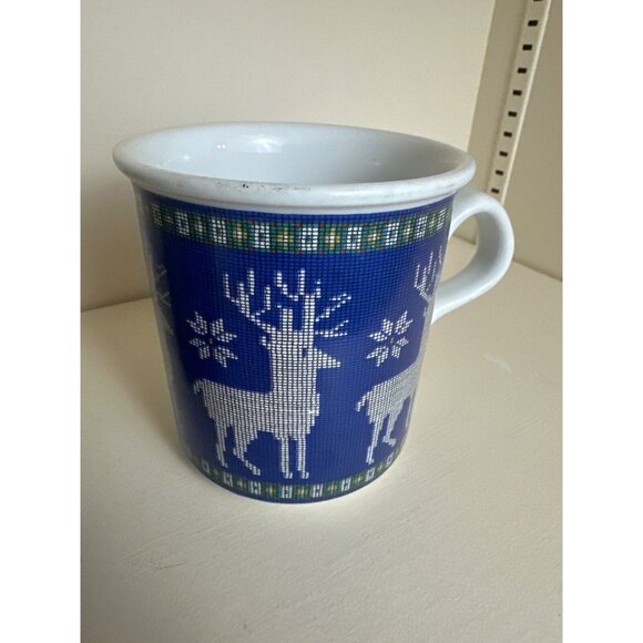 Set Of 2 Dansk Designs Stoneware Blue Reindeer Mugs 10 Oz - Picture 2 of 5